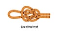 Jug sling, bottle knot tied with rope. Binding loop structure. Safe utility string, cord for attaching. Safety lace