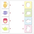 Jug, tea cup, jar and teapot. Educational game for kids