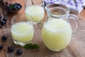 A jug of whey with blueberries in the background Royalty Free Stock Photo