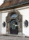 Jugendstil stone-carved decorations of an entrance door, at the Sprudelhof, mineral waters spa complex, Bad Nauheim, Germany Royalty Free Stock Photo