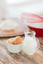 Jugful of milk, eggs in a bowl and flour