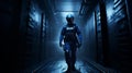 Mysterious Juggernaut Roaming Dark Blue Corridor With Intimidating Aura Royalty Free Stock Photo