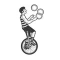Juggler circus unicycle sketch raster illustration Royalty Free Stock Photo