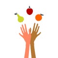 Juggler. Hands juggling fruit. Vector illustration on the theme of healthy lifestyle, the harvest festival, Thanksgiving