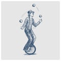 Juggler man on retro old unicycle sketch vector Royalty Free Stock Photo