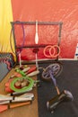 Juggling accessories and equipment on a circus stage: clubs, ring, sticks, ball and one wheeled bicycle