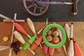 Juggling accessories and equipment on a circus stage: clubs, ring, sticks, ball and one-wheeled bicycle