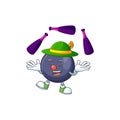 Juggling blackcurrant cartoon mascot on white background