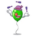 Juggling green balloon on character plastic stick