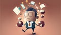 juggling organizer businessman Kawaii cartoon character business illustration stress task burnout panic plan planning organiser