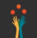 Hands juggling orange balls colored on a gray background