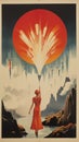 Vintage Art Deco Futurism Poster Of Woman Flying Balloon With Explosion