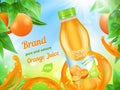 Juice advertizing poster. Realistic illustration of juice fruits plastic bottle in splashes