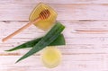 Juice Aloe Vera Leaves Honey White Wooden Background Flat Lei Copy Space