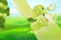 Juice Apple with splash. Flow of liquid with drops and sweet fruit 3d realistic vector illustration, package design or poster Royalty Free Stock Photo