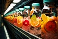 Juice bottles with fruit on a conveyor belt, beverage factory operates a production line, processing and bottling drink