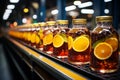 Juice bottles with fruit on a conveyor belt, beverage factory operates a production line, processing and bottling drink