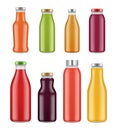 Juice bottles. Transparent jar and packages for colored liquid food and drinks vector mockup Royalty Free Stock Photo