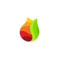 Juice droplet, fresh vegetable and fruit cocktail drop logotype. Colored icon of beverage drop with green leaf, simple