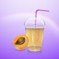 The juice and fresh apricot, Mockup Filled Disposable Plastic Cup With Lid And Straw. Orange, Apricot Fresh Drink. Yellow, Orange