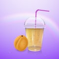 The juice and fresh apricot, Mockup Filled Disposable Plastic Cup With Lid And Straw. Orange, Apricot Fresh Drink. Yellow, Orange