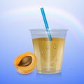 The juice and fresh apricot, Mockup Filled Disposable Plastic Cup With Straw. Orange, Apricot Fresh Drink. Yellow, Orange Juice.