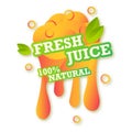 Juice fresh fruit label icon. 100 natural juicy orange drop. Orange healthy juice design sticker. Vector illustration