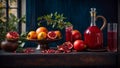 Juice, fresh pomegranates old background healthy vintage group dark refreshing