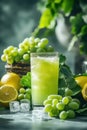 A juice glass with a bunch of fresh green grapes on a table Royalty Free Stock Photo