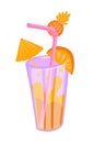 Juice glass cup icon with straw, umbrella and citrus slice. Refreshing drink in flat style hand drawn. Sticker, stripe, cocktail