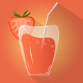 Juice glass strawberry cocktail icon with slice. Realistic design. long shadow. Vector illustration, Hand drawn