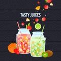 Juice healthy food vector illustration, cartoon flat organic fruit smoothie shake drink, fresh vitamin detox beverage in