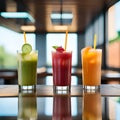 Juice and ice in smoothie glass with indoor atmosphere in cafe served on table tray