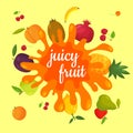 Juice from juicy fruits in the style of a cartoon with an inscription in the center. Healthy diet.