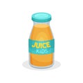 Juice for kids. Flat vector icon of small glass bottle with natural and healthy drink. Tasty beverage for children