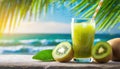 juice kiwi in glass with beach background Royalty Free Stock Photo