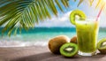 juice kiwi in glass with beach background Royalty Free Stock Photo