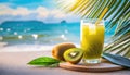 juice kiwi in glass with beach background Royalty Free Stock Photo