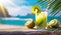 juice kiwi in glass with beach background Royalty Free Stock Photo