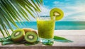 juice kiwi in glass with beach background Royalty Free Stock Photo