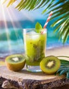 juice kiwi in glass with beach background Royalty Free Stock Photo