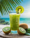 juice kiwi in glass with beach background Royalty Free Stock Photo