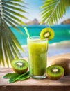 juice kiwi in glass with beach background Royalty Free Stock Photo