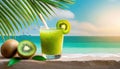 juice kiwi in glass with beach background Royalty Free Stock Photo