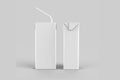 Juice or milk carton box with drinking straw mockup isolated on a grey background. Royalty Free Stock Photo