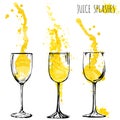 Juice orange and apple splashes in wine glasses, watercolor, sketch vector illustration Royalty Free Stock Photo