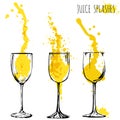 Juice orange and apple splashes in wine glasses, watercolor, sketch vector illustration Royalty Free Stock Photo