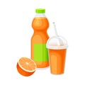 Juice in Plastic Bottle and Poured in Glass with Straw for Takeaway Vector Composition