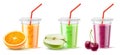 Juice in plastic cup with fruit. Cold drinks. Realistic smoothies in glasses. Disposable container with lids and straw. Cherry Royalty Free Stock Photo