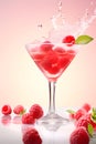 Juice raspberry cocktail in glass with berries and water splash on vibrant pink background Royalty Free Stock Photo